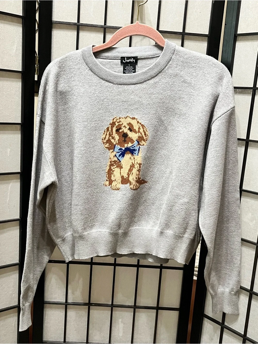 Justify Gray Sweater with Blue Bow Puppy Motif women SIZE S